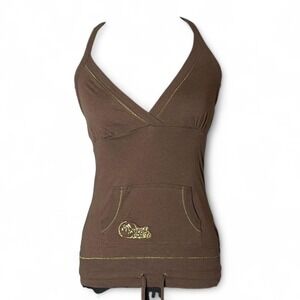 y2k Brown halter top with gold logo and front pocket- size small